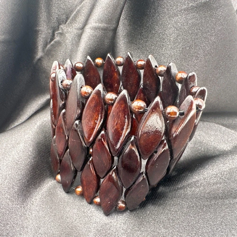 Vintage 90s Brown Wood Bead Stretch Cuff Bracelet Boho Jewelry